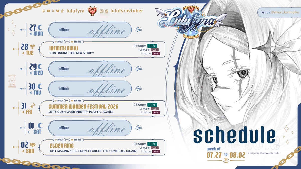 lulufyra's tweet photo. ✨ SCHEDULE ✨

TUESDAY ➜ Infinity Nikki (update 2.8)
FRIDAY ➜ Summer Wonder Festival 2026 (zatsudan)
SUNDAY ➜ Elden Ring

Finally a full and normal streaming week!!! \o/ Let's have a fun week together!  🩵✨

#vtuber #infinitynikki #animefigures #figurecollecting #eldenring https://t.co/MudljY0rYr