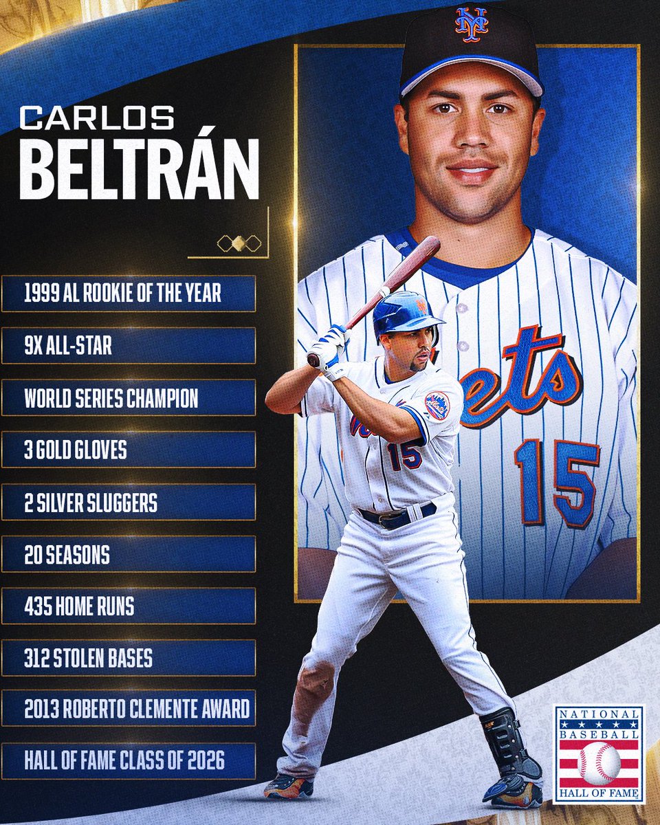 MLB's tweet photo. Carlos Beltrán’s trophy case is overflowing, and today he adds his Hall of Fame plaque 🏆

Watch the induction ceremony from Cooperstown on MLB Network with coverage beginning at 11 AM ET. https://t.co/BWUZQtdrbx