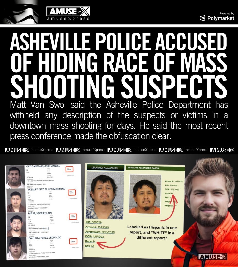 amuse's tweet photo. COVERUP: Why are police departments in Asheville and across the country switching the race of suspects to white? @mattvanswol has been all over this. The effort is purposeful and makes our crime data worthless.