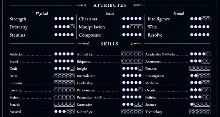 vaimpirofeire's tweet photo. (So I decided to spend some time putting together a rough character sheet for Úilliam here, based off stat spread of a similarly aged kindred NPCs and some ST community guides for building really old vamps.)

This isn't even *half* his XP before disciplines.) https://t.co/DDft2FvHDP