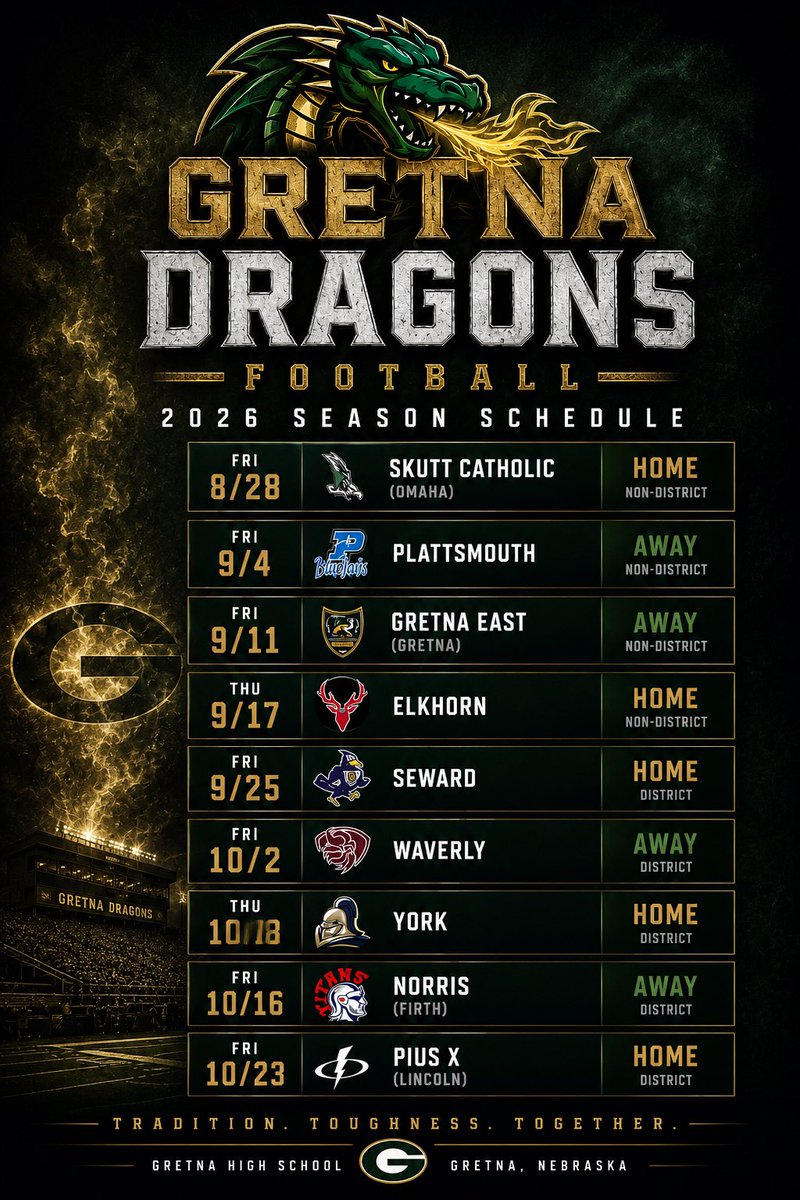 Boosters_Dragon's tweet photo. ๐ 2026 Gretna Dragons Football Schedule ๐
The wait is over. Mark your calendars, pack the stands, and get ready to defend the home field.
See you under the Friday night lights. Letโs make 2026 unforgettable.
#GretnaDragons #DragonNation #FridayNightLights #GoDragons https://t.co/gOCb3ixNTn