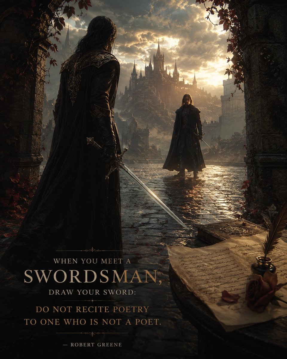 GeorgianaDogaru's tweet photo. “When you meet a swordsman, draw your sword: Do not recite poetry to one who is not a poet.” — Robert Greene
#WritingCommunity #AmWriting
#FantasyAuthor #EpicFantasy
#BookTwitter #FantasyBooks #WritersLife #CreativeWriting #AuthorsOfX #KeepWriting https://t.co/bargYrg7Z5