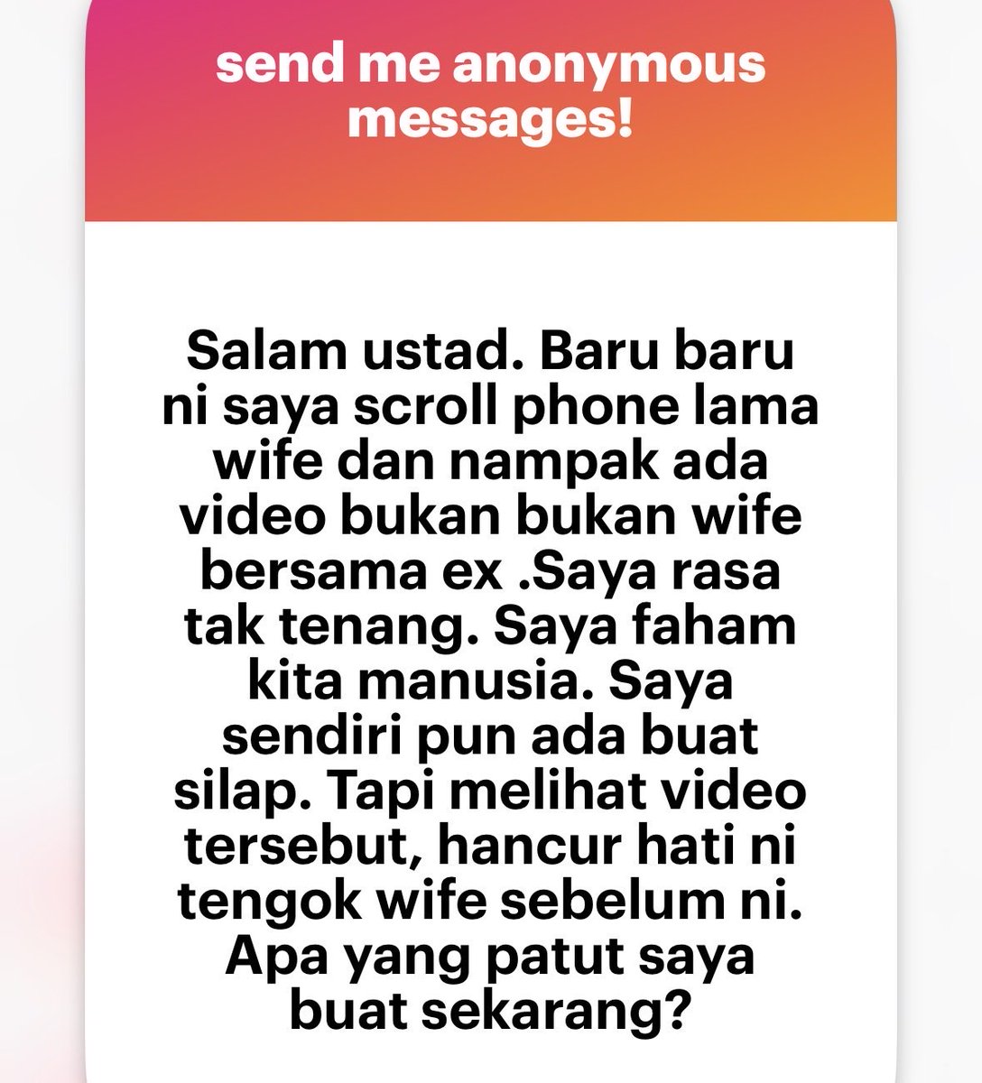 mnasrullah00's tweet photo. Waalaikumussalam 

Dalam islam, kita tak digalakkan mencari-cari (tajassus) kesalahan individu yang telah lama berlaku. Boleh jadi dia sudah bertaubat dan kesal.

Mereka juga ada provasi yang perlu dihormati. Perbuatan mencuri baca fon tanpa izin pun tak baik.

Tapi benda dah jadi, terpulang kepada tuan untuk buat keputusan sama ada tinggalkan dia atau terima.

Jika terima, jangan sesekali mengungkit perbuatan lama tersebut. 

Semoga diberikan pahala yang besar atas kesabaran dan ketabahan tersebut. 💪🏻