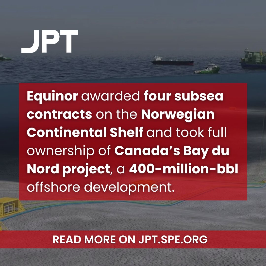 SPEtweets's tweet photo. Equinor awarded four subsea contracts worth NOK 6 billion ($612 million) on the Norwegian Continental Shelf and acquired BP’s interest in Canada’s Bay du Nord development, strengthening its offshore portfolio.

Read more: https://t.co/r6IAUeBsnD

#SPEjpt https://t.co/3L74812VMF
