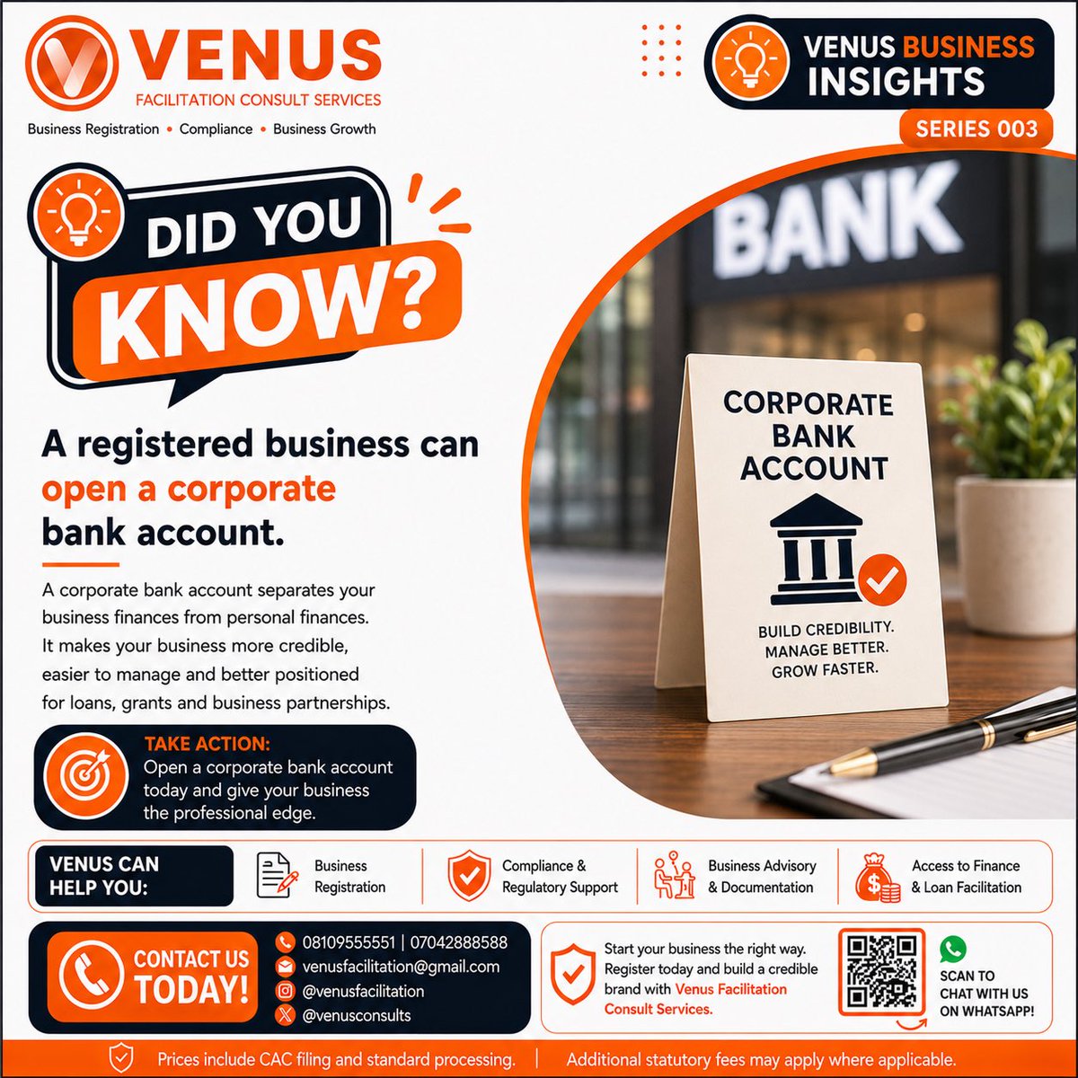 venusconsults's tweet photo. DID YOU KNOW?

A registered business can open a corporate bank account.

Separate your finances. Build credibility. Position your business for growth.

#VenusBusinessInsights #SMEs #BusinessGrowth #CAC #Entrepreneurship https://t.co/PmllOICkez