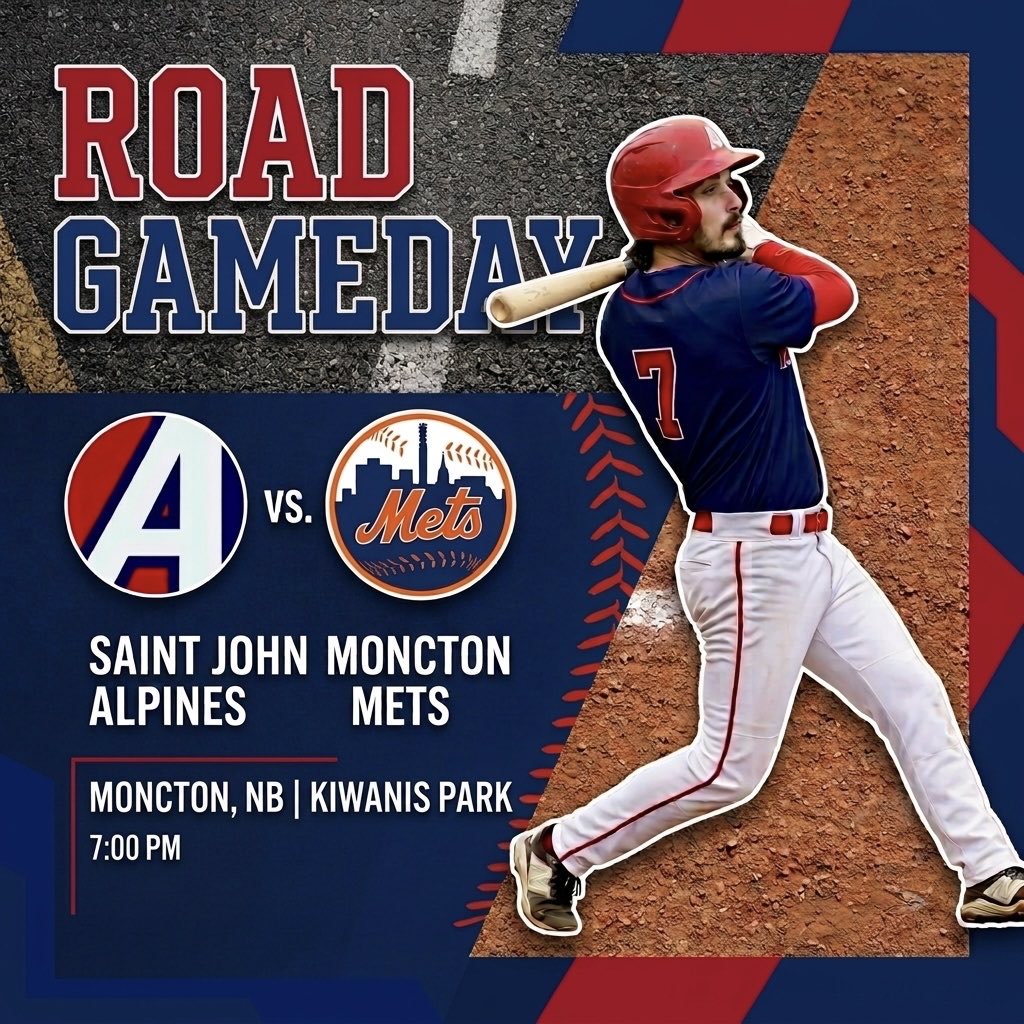 SJAlpines's tweet photo. The AJ’s @SJAlpines head to Moncton for an evening clash with the Mets. Both teams look to improve their place in the standings as they head in to the final few weeks of the regular season. #GoPines #Alpines #baseball #saintjohn @CABCBaseball @NBSBL1929 @MonctonMets https://t.co/5A7y5lEe6E