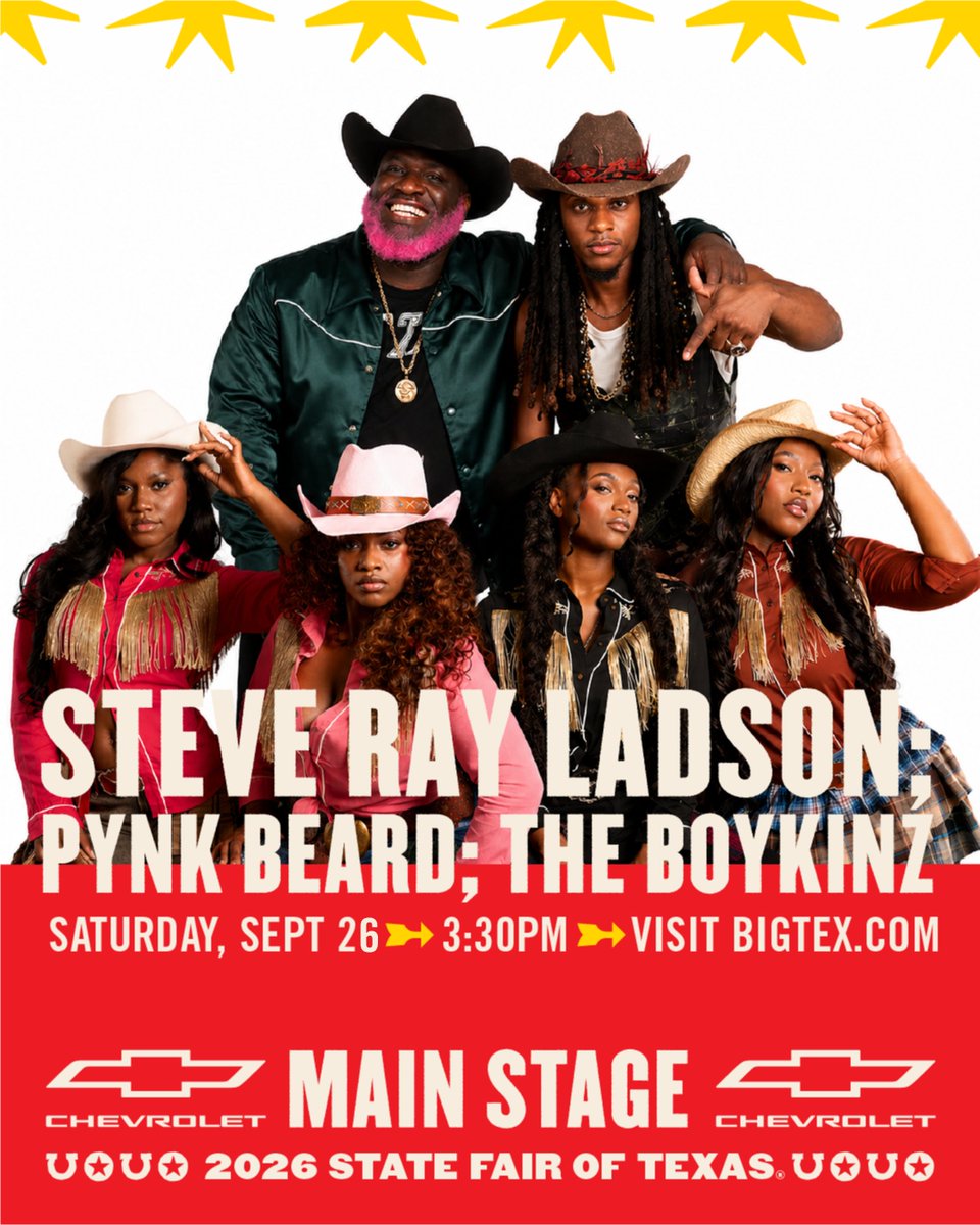 StateFairOfTX's tweet photo. Three acts. One Saturday afternoon at the Fair. 🎶 Catch Steve Ray Ladson, @pynkbeard, and @TheBoykinZ Saturday, September 26 at 3:30 p.m. on the @Chevrolet Main Stage! #ChevyMainStage https://t.co/PhXep3kx14