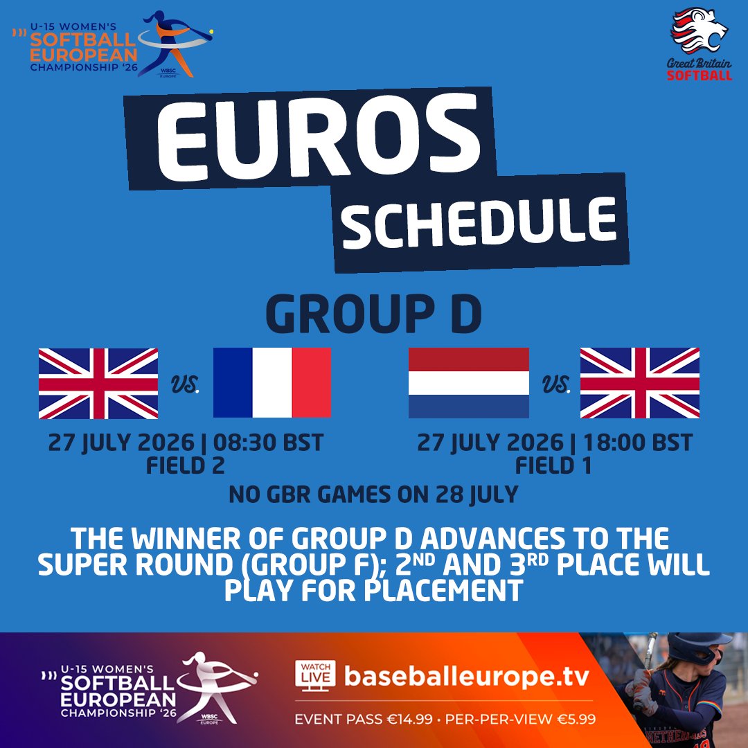 GBSoftballU18's tweet photo. The U15s begin their European Championships tomorrow in Rosmalen, Netherlands - and will face the hosts and France in Group D! Tune in to every game on https://t.co/eVYdfqxR8I. Let's Go GB! 🇬🇧🇬🇧 https://t.co/2vFzHf41a2
