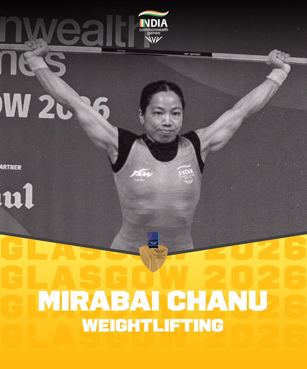 WeAreTeamIndia's tweet photo. GOLD 🥇

@mirabai_chanu dominates the field as she powers through to the gold medal in the Women’s 48kgs Weightlifting event. 3rd medal and the 1st Gold Medal for 🇮🇳 at @glasgow_2026 

#WeAreTeamIndia | #Cheer4Bharat | #TogetherWeDream https://t.co/urVTCPZRJ7