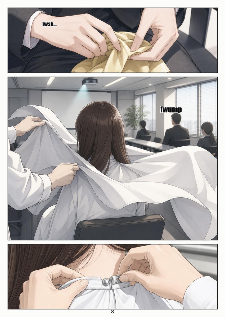 ShornStudio's tweet photo. ShornStudio — forced haircut &amp; headshave manga, full color.  Waist-long hair → a bob → clippers → the razor. The loss and the shame, panel by panel.  Non-sexual · all adults · fiction · made with AI. English editions on DLsite &amp; BOOTH ✂ #haircutfetish #headshave https://t.co/6OfQAMioDO