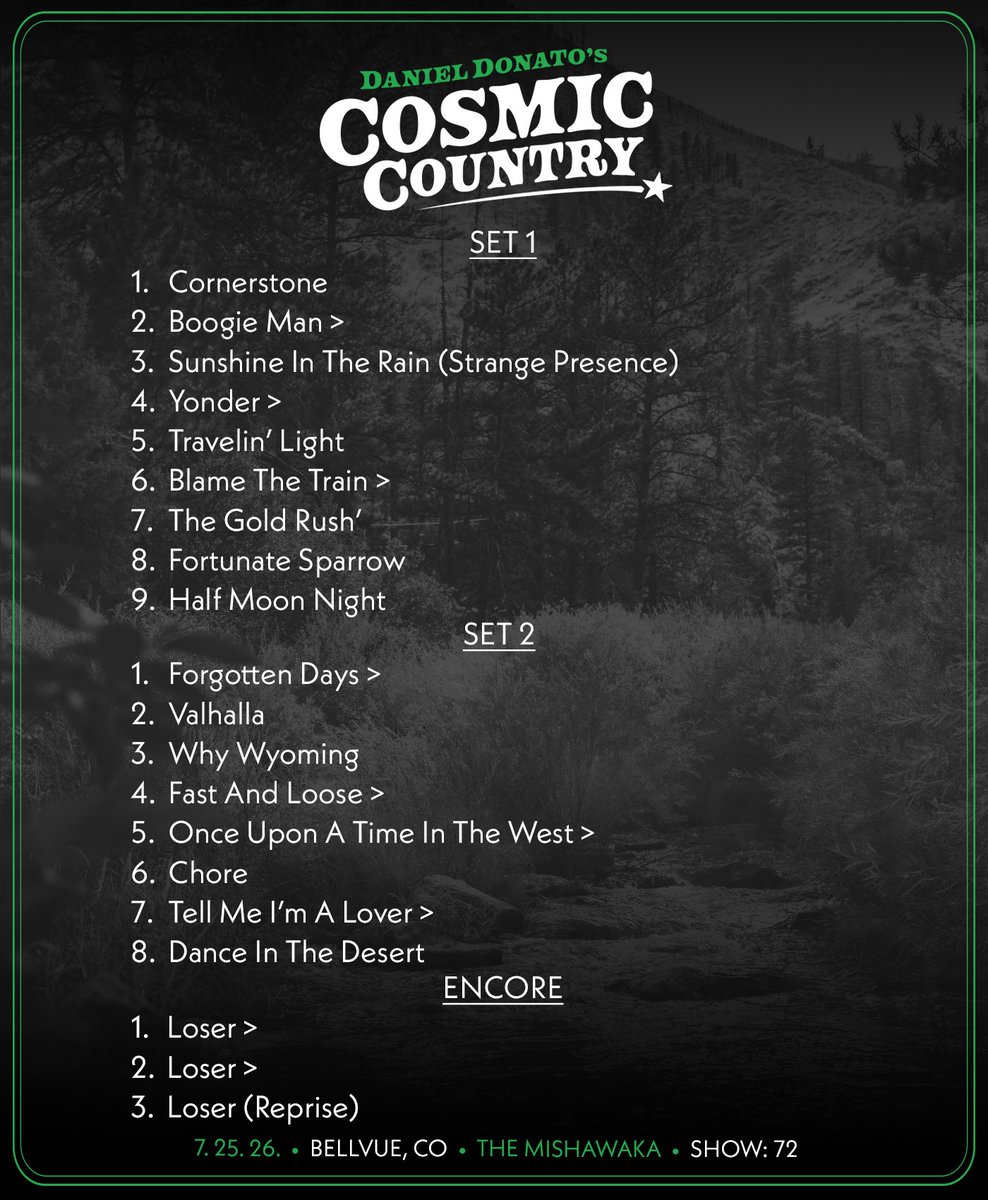 danieljdonato's tweet photo. 7/25/2026 Bellvue, CO 

🥕 Head to https://t.co/jE59UT0nOn to stream the show, for Setlist Saloon and all tour happenings…

✨ Pre-Order for the vinyl of our first live and album and tickets to The Ryman on 8/28 and 8/29 are on https://t.co/f3IBW1rBqN! 

#cosmiccountry https://t.co/rFUxGwDXW8