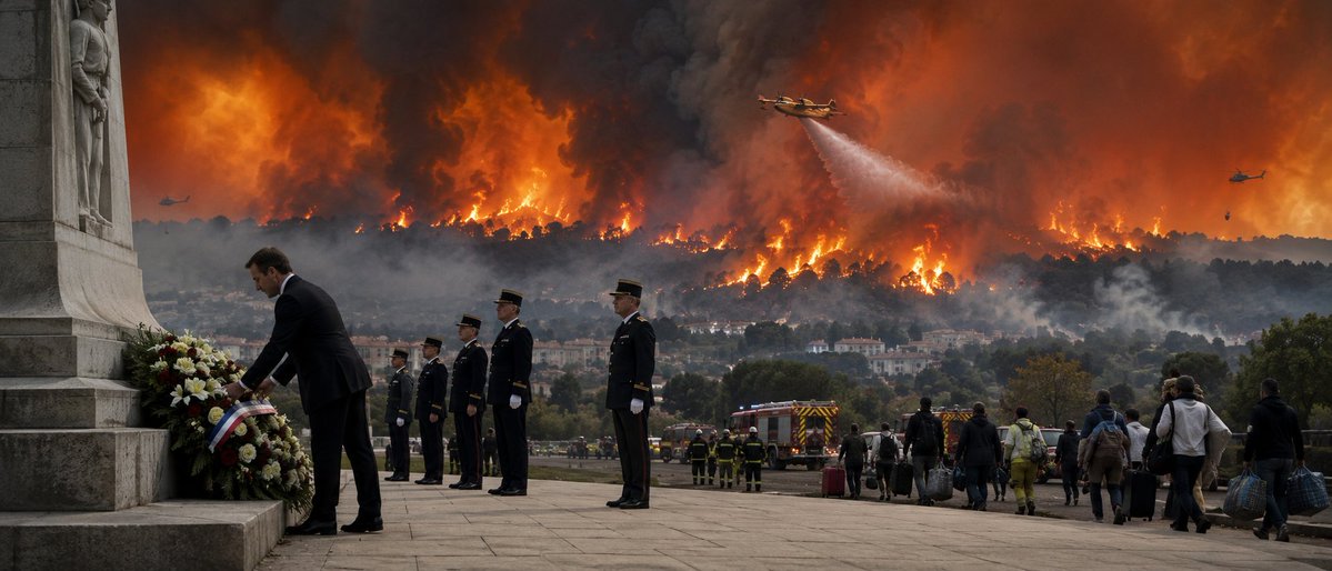 _h16's tweet photo. Pendant que 220.000 à 325.000 Français dorment sur des lits de camp et que le feu est désormais à 15 km de Bordeaux (record de surface brûlée de 2022 déjà pulvérisé) Seb Lecornu, lui, était ce dimanche en Normandie pour une commémoration protocolaire prévue depuis des semaines. 

Rien d'anormal en soi de rendre hommage au père Hamel dix ans après ; mais ce qui interpelle, c'est le contraste : quand la maison brûle vraiment, littéralement, avec un quart de million de personnes à la rue, l'appareil d'État continue de tourner sur son agenda comme si rien ne se passait, avec des Canadair vieillissants et des renforts promis pour... 2028-2032.

On nous répète depuis des années que "les moyens sont suffisants" pendant que la Gironde bat un record. Combien faudra-t-il en battre avant que "suffisant" cesse d'être le mot magique qui dispense d'agir ?