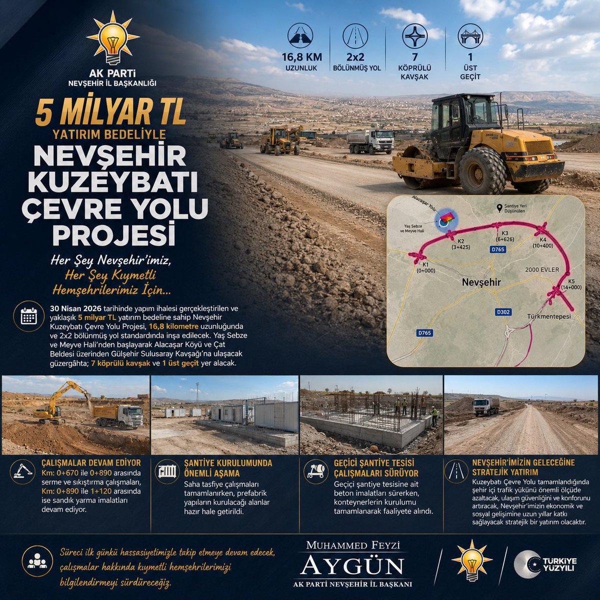 av_mfa's tweet photo. Her Şey Nevşehir’imiz, Her Şey Kıymetli Hemşehrilerimiz İçin…

30 Nisan 2026 tarihinde yapım ihalesi gerçekleştirilen ve yaklaşık 5 milyar TL yatırım bedeline sahip Nevşehir Kuzeybatı Çevre Yolu Projesi, 16,8 kilometre uzunluğunda ve 2×2 bölünmüş yol standardında inşa edilecek. Yaş Sebze ve Meyve Hali’nden başlayarak Alacaşar Köyü ve Çat Beldesi üzerinden Gülşehir Sulusaray Kavşağı’na ulaşacak güzergâhta; 7 köprülü kavşak ve 1 üst geçit yer alacak.

Yüklenici firma yetkilileriyle sürekli iletişim ve koordinasyon hâlindeyiz. Kendilerinden aldığımız son bilgilere binaen sahadaki çalışmalar, planlanan iş programı doğrultusunda kararlılıkla devam ediyor. Bu kapsamda Km: 0+670 ile 0+890 arasında serme ve sıkıştırma çalışmaları, Km: 0+890 ile 1+120 arasında ise sandık yarma imalatları devam ediyor.

Şantiye kurulumunda da önemli bir aşamaya gelinmiş durumda. Saha tasfiye çalışmaları tamamlanırken, prefabrik yapıların kurulacağı alanlar hazır hale getirildi. Geçici şantiye tesisine ait beton imalatları sürerken, konteynerlerin kurulumu tamamlanarak faaliyete alındı. 

Kuzeybatı Çevre Yolu tamamlandığında şehir içi trafik yükünü önemli ölçüde azaltacak, ulaşım güvenliğini ve konforunu artıracak, Nevşehir’imizin ekonomik ve sosyal gelişimine uzun yıllar katkı sağlayacak stratejik bir yatırım olacaktır.

Süreci ilk günkü hassasiyetimizle takip etmeye devam edecek, çalışmalar hakkında kıymetli hemşehrilerimizi bilgilendirmeyi sürdüreceğiz.