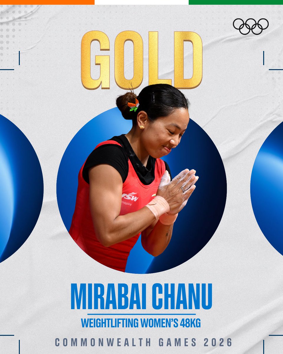 OlympicKhel's tweet photo. India's golden lift arrives. ✨🥇

Mirabai Chanu struck India's first gold at #Glasgow2026, lifting 85kg in the snatch and 105kg in the clean &amp; jerk to complete a hat-trick of Commonwealth Games gold medals. https://t.co/zJvkzUKYgn