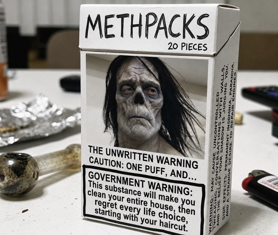 themethqueen1's tweet photo. Imagine if meth was sold in legal cigarette packs… here’s how I think the warnings would look lmfao 

What would your text-based warning label say? Let me know below
#drugstwt #methtwt #meth https://t.co/KUogQdwFEw