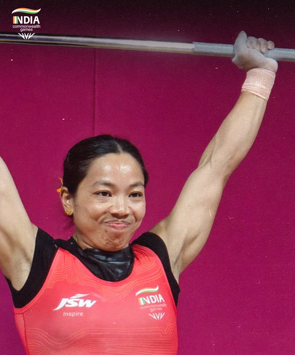 WeAreTeamIndia's tweet photo. THREE-PEAT 🥇 

And this is what it means to @mirabai_chanu . Shows us yet again why she is a legend of this sport and an inspiration to every athlete. 

A dominating 1st gold medal @glasgow_2026 for #TeamIndia 

#WeAreTeamIndia | #Cheer4Bharat | #TogetherWeDream https://t.co/T7q5UdczB9