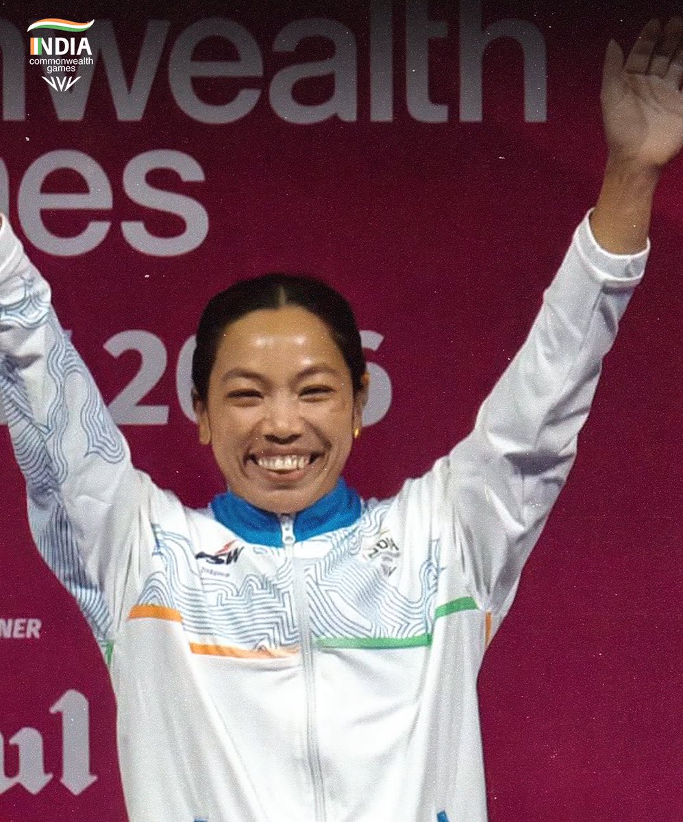 WeAreTeamIndia's tweet photo. THREE-PEAT 🥇 

And this is what it means to @mirabai_chanu . Shows us yet again why she is a legend of this sport and an inspiration to every athlete. 

A dominating 1st gold medal @glasgow_2026 for #TeamIndia 

#WeAreTeamIndia | #Cheer4Bharat | #TogetherWeDream https://t.co/T7q5UdczB9