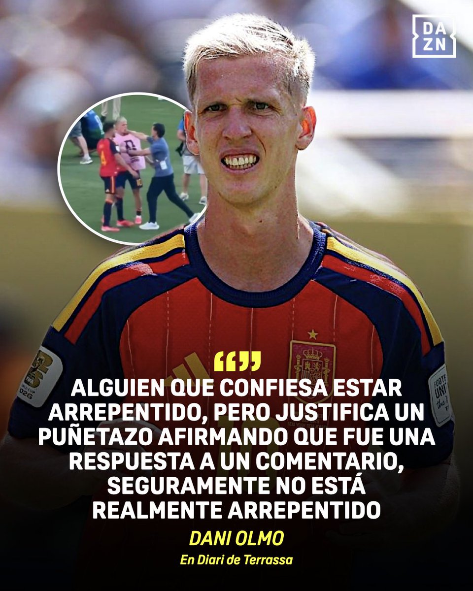 DAZNFutbol's tweet photo. Dani Olmo habla sobre las palabras de Ayala tras su incidente en la final del Mundial🗣️

🗯️"Justifica un puñetazo afirmando que fue una respuesta a un comentario. No le dije nada" https://t.co/84hPlO5rUX