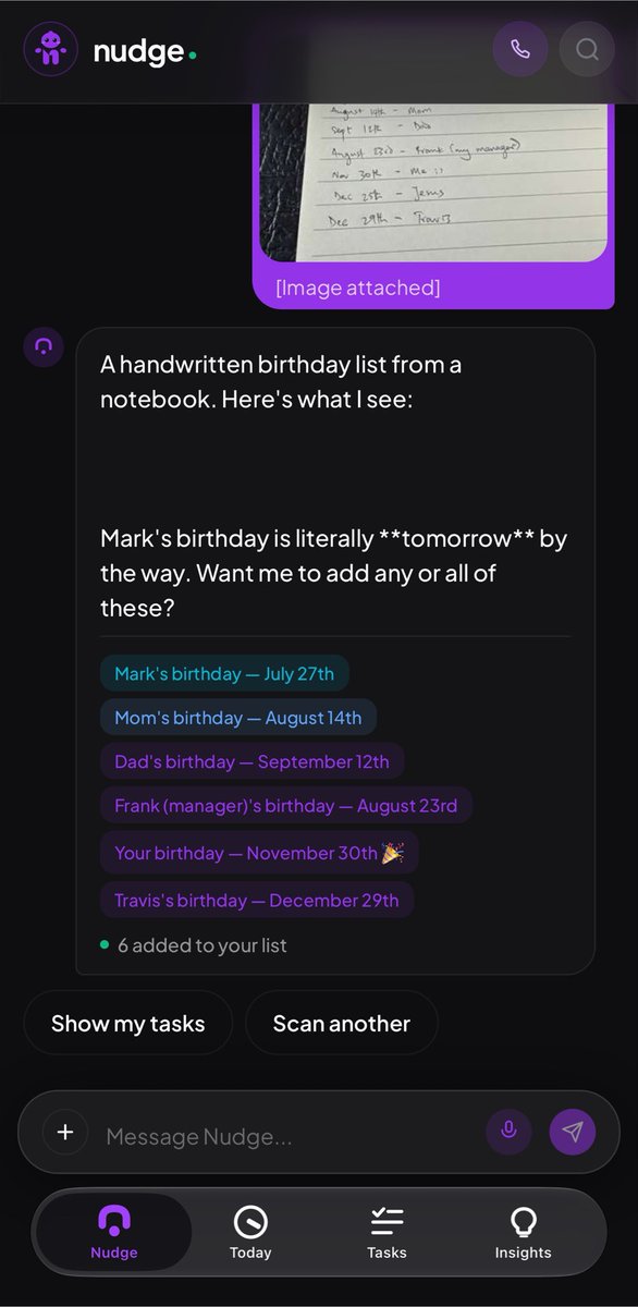 favor_gozie's tweet photo. Oh, I did just that. One of the most practical use cases for Nudge @usenudgeai.

Type them out, snap an existing list or just connect it to your Google Calendar. 

Tell it when/how you want your reminders and it handles the rest. https://t.co/YOkL7nWevP