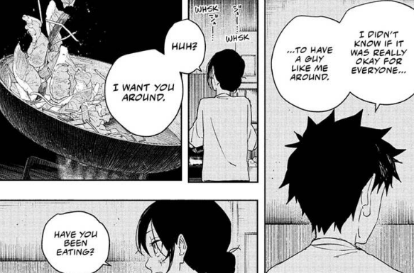 PikkuProgram's tweet photo. Society deems that men should make the first move: the ones who 'act as the shoulder to cry on'.. And I just can not express enough how much I love Kagurabachi, Hokazono, for yet again, subverting expectations.

This isn't a fairytale knight in shining armor - this is human. https://t.co/r94Oi88Kpm