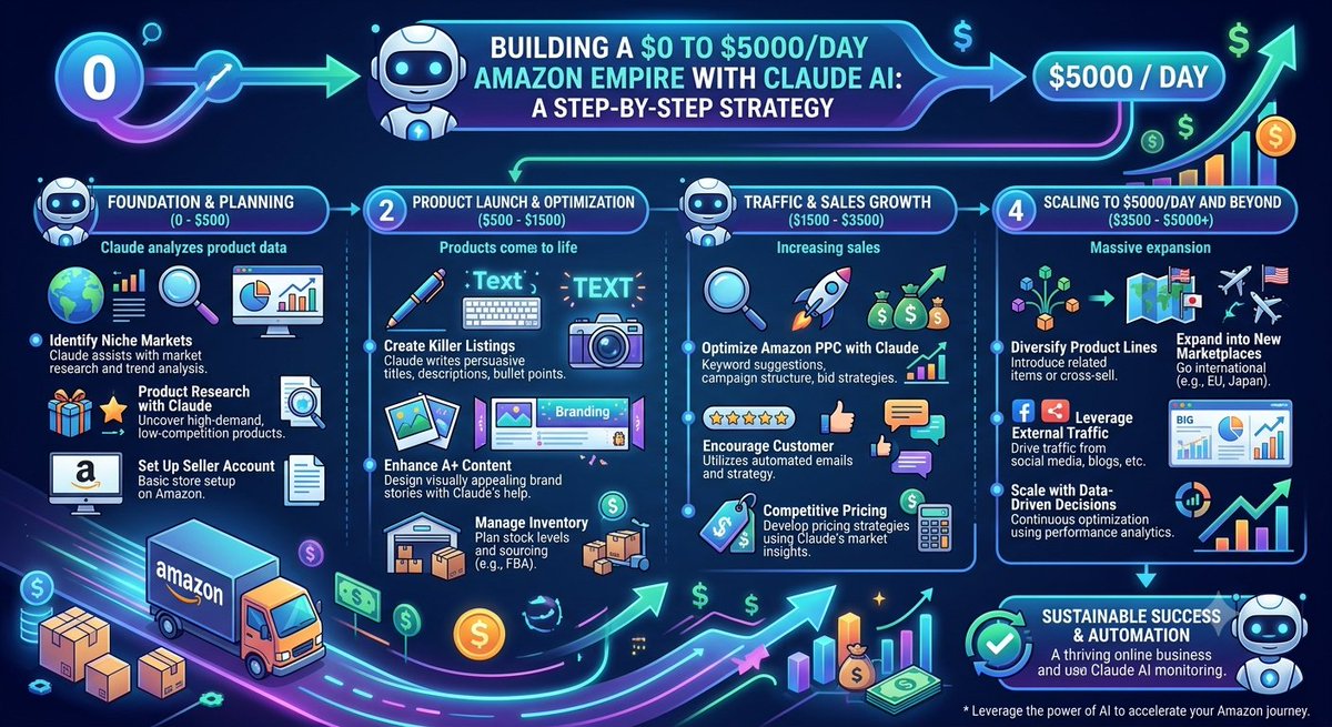 Kairo_daily_AI's tweet photo. I went from 0 to5,000/day on Amazon using ONE tool: Claude AI.
No team. No inventory. No ad spend.
Here's the exact 7-step system I used (steal it): https://t.co/K3fXLqrMgh