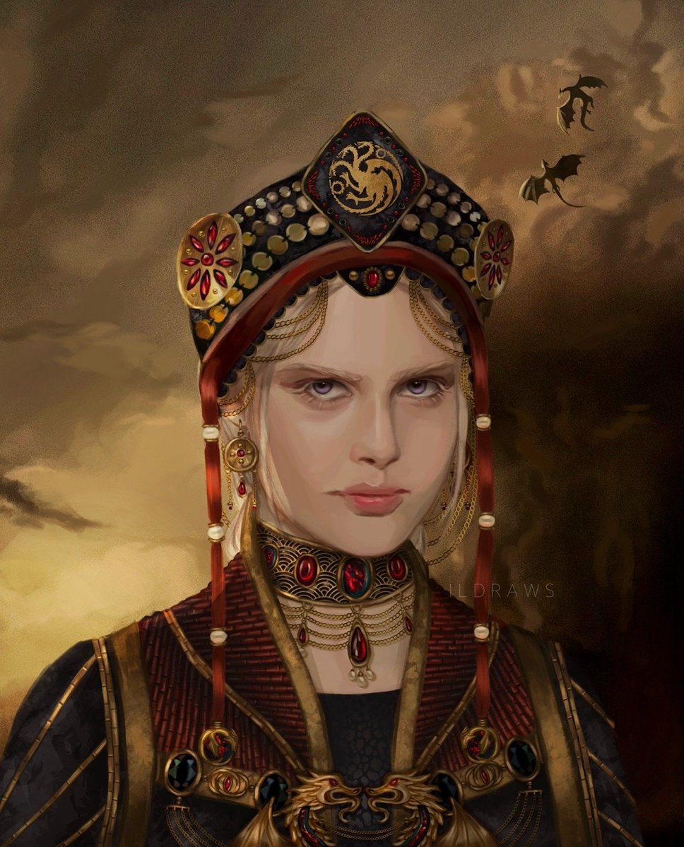 PortalASOIAF's tweet photo. Rhaena Targaryen, cavaleira de Dreamfyre, no dia de seu casamento forçado com Maegor, o Cruel.

"Meu último marido eu dei de comer à minha dragão. Se você me fizer casar com outro, talvez eu mesma o coma." – Fogo e Sangue. 📚

Diziam que Rhaena gostava de mulheres. Suas muitas favoritas eram cobertas de atenção e afeto, causando sussurros na corte. Um de seus maridos foi Androw Farman e, segundo o meistre Smike, era a irmã dele, Elissa Farman, o verdadeiro amor de Rhaena
Arte: ildraws (tumblr).