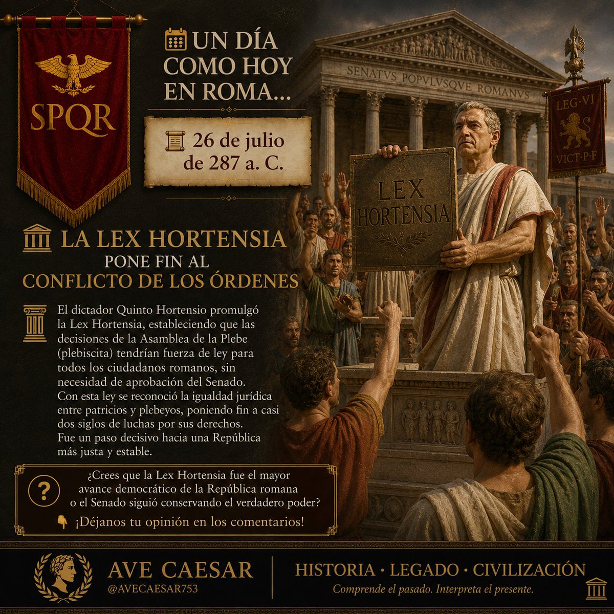 AVE_CAESAR_753's tweet photo. 🆕️ Nuevo contenido en mi cuenta AVE CAESAR (@avecaesar753 en Instagram)

📅 Un día como hoy en Roma...
📜 26 de julio de 287 a. C.
🏛️ La Lex Hortensia pone fin al Conflicto de los Órdenes
#HistoriaDeRoma
#AntiguaRoma
#Roma
#SPQR
#AveCaesar https://t.co/b5ofJAPRhQ