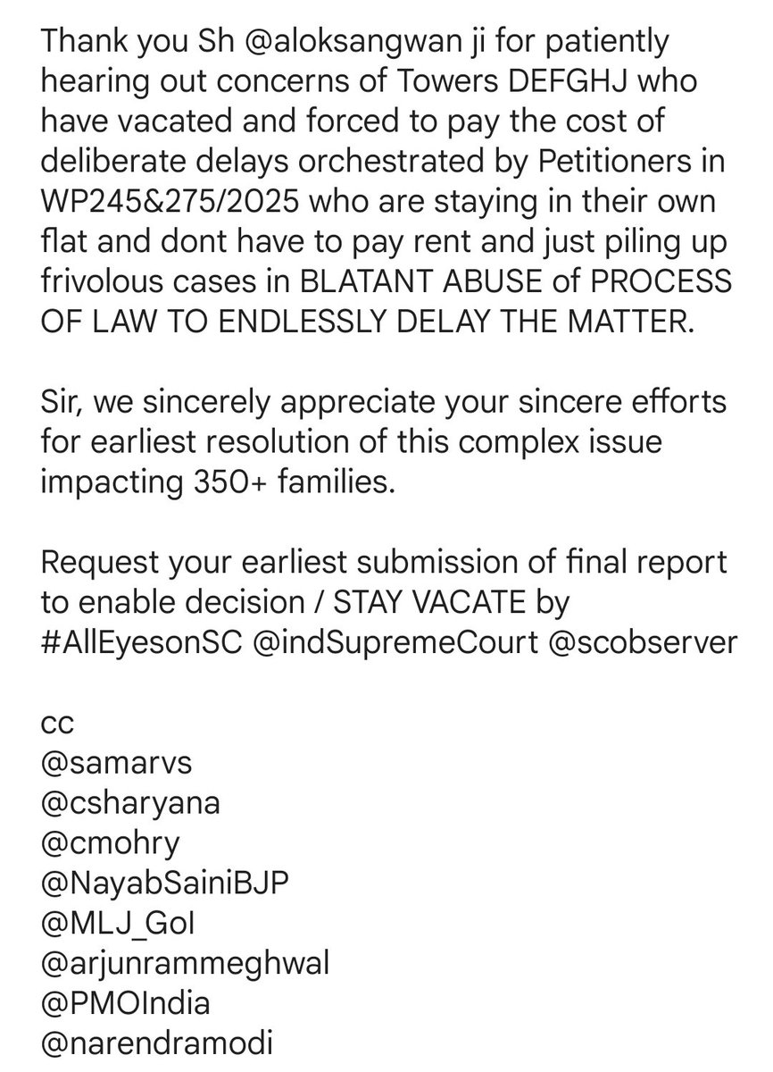Its_Manoj's tweet photo. Sir, we sincerely appreciate your sincere efforts.
Request your earliest submission of final report to enable decision / STAY VACATE by #AllEyesonSC @indSupremeCourt @scobserver

cc
@samarvs
@csharyana
@cmohry
@NayabSainiBJP
@MLJ_GoI
@arjunrammeghwal
@PMOIndia
@narendramodi https://t.co/Q9XPhCFMjT