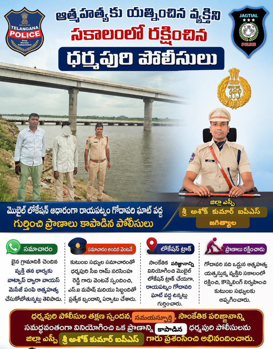 SpJagtial's tweet photo. #ధర్మపురి_పోలీస్_స్టేషన్ పరిధిలో ఓ వ్యక్తి తన భార్యకు వాట్సాప్ ద్వారా వాయిస్ మెసేజ్ పంపి తాను ఆత్మహత్య చేసుకోబోతున్నట్లు తెలియజేయగా, కుటుంబ సభ్యులు వెంటనే ధర్మపురి పోలీసులకు సమాచారం అందించారు.
సమాచారం అందుకున్న వెంటనే స్పందించిన ధర్మపురి పోలీసులు #సాంకేతిక_పరిజ్ఞానాన్ని  1/2 https://t.co/79JxBB4DOZ