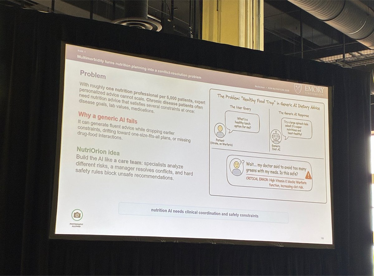 mumer_90's tweet photo. One of the highlights of #Nutrition2026 was today’s AI &amp; Machine Learning flash session. From multimodal food recognition and automated dietary assessment to AI systems designed with clinical safety constraints for personalized nutrition, innovation is moving fast #ASN #Nutrition https://t.co/UQWALV9UFN