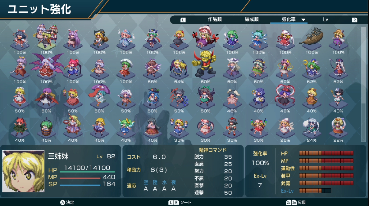 teketekekun's tweet photo. 幻想少女大戦　ハード初見プレイ超面白かった
ノーリセゲームオーバー無しで完走できたのは嬉しい
スパロボと東方好きならオススメ　難易度は高め
もともと好きで使おうと思っていた幽霊楽団が激強で大分楽させてもらった感
Ex割振りはメルラン7　ルーミア5　鈴仙4　霊夢2 https://t.co/pilEp5kVv3