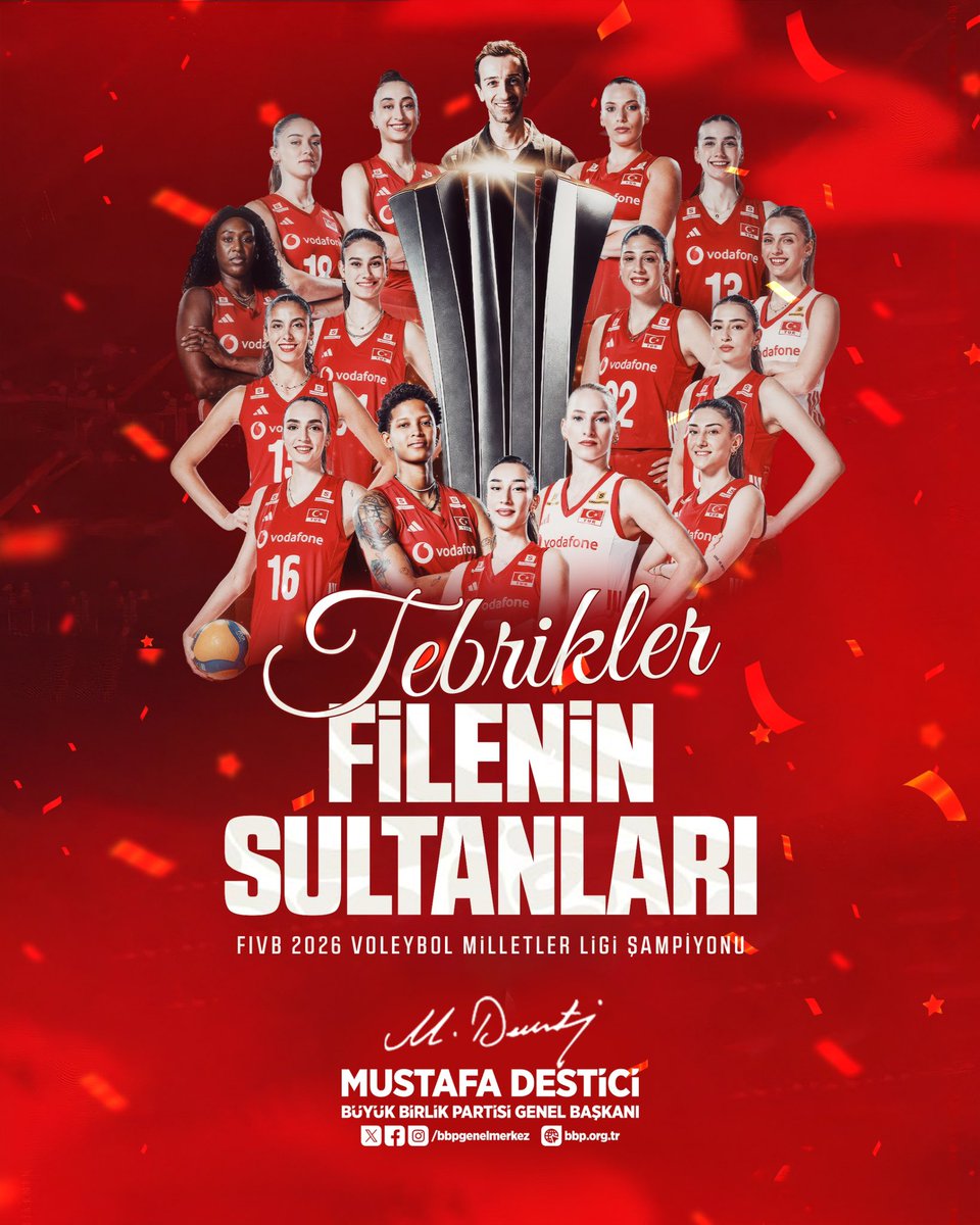 Mustafa_Destici's tweet photo. FİLENİN SULTANLARI’NI YÜREKTEN KUTLUYORUM…
2026 FIVB Voleybol Milletler Ligi finalinde Brezilya’yı 3-1 mağlup ederek şampiyonluğa ulaşan A Millî Kadın Voleybol Takımımızı yürekten kutluyorum.
Ay-yıldızlı formayı inançla, azimle ve büyük bir mücadele ruhuyla taşıyan Filenin Sultanları, milletimize tarifsiz bir gurur ve sevinç yaşatmıştır.
Bu tarihî başarıda emeği bulunan sporcularımızı, teknik heyetimizi ve Türkiye Voleybol Federasyonumuzu tebrik ediyor; millî takımımıza başarılarla dolu nice şampiyonluklar diliyorum.
Türk kadınının gücünü, cesaretini ve kararlılığını bir kez daha bütün dünyaya gösterdiniz.
Sizinle gurur duyuyoruz Filenin Sultanları! Şampiyon T��rkiye! 🇹🇷🥇🏆