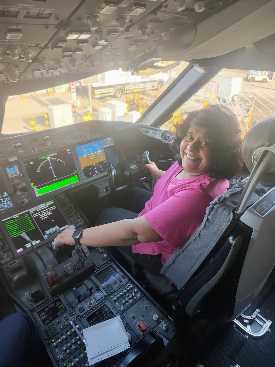 devinamehra's tweet photo. In over four decades of flying, for the first time at the controls in the cockpit - on my last trip

British Airways dreamliner, no less!

Thanks to the wonderful pilots

A bit dishevelled at the end of a long flight but I think the delight is evident 🥳

As an aside keeping the phone off for about 9 hours, I could watch two movies AND read 80% of the fascinating book by Indira Jaisingh... Tells you how much time you lose every day in useless distractions