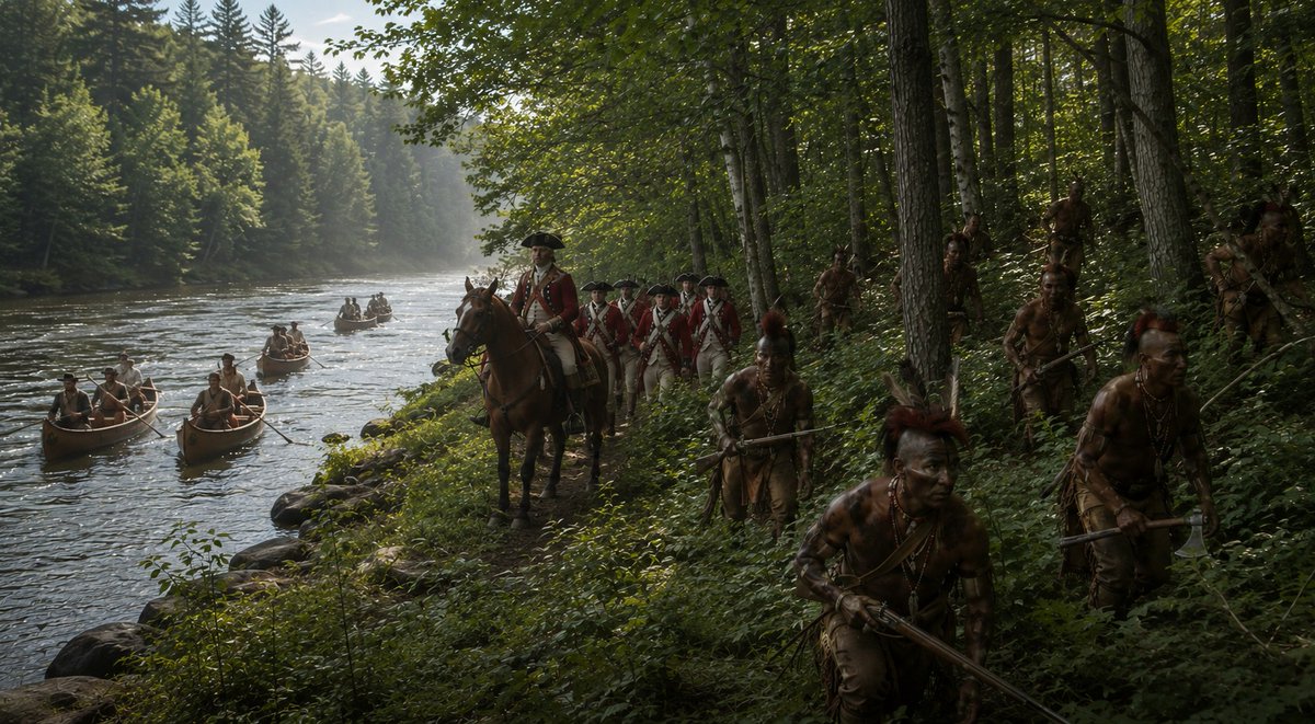 SWOConnell's tweet photo. Rev War Tales
Drums Along the Mohawk
26 July 1777, Oswego, New York. Lieutenant Colonel Barry St. Leger marched with approximately 1,800 British regulars, Loyalist rangers, and Iroquois warriors under Joseph Brant. Advancing down the Mohawk Valley, he aimed to capture Fort Stanwix, rally local Loyalists, and form the western pincer of General John Burgoyne’s grand invasion from Canada. St. Leger’s force was to link up with Burgoyne’s main army, driving south toward Albany, thereby splitting American resistance. Though the expedition reached the fort by early August, fierce Patriot resistance, the bloody Battle of Oriskany, and timely deception forced St. Leger’s withdrawal on August 22. The failed campaign left Burgoyne isolated and contributed to the pivotal British defeat at Saratoga. #RevWar #AmRev #History #RevWarTales