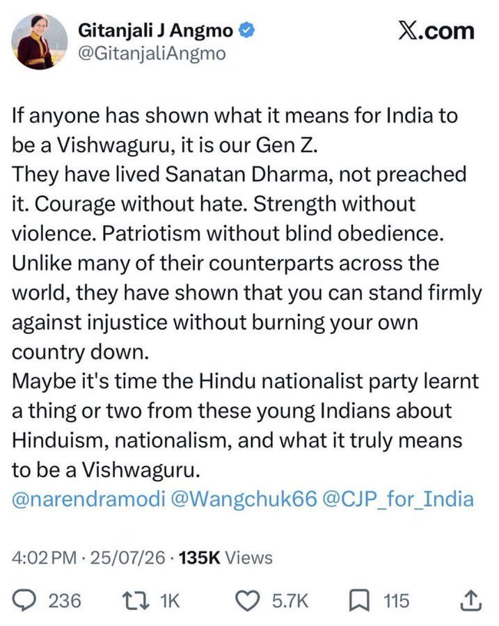 KanojiaPJ's tweet photo. It's good that Rahul Gandhi didn't share stage with this RSS worker known to be wife of Sonam Wangchuk. Its good that students didn't consider them leader. 

Gitanjali Angmo is RSS worker and tried to create divide in the revolution. History will not forgive those who sells their soul for some money and power!