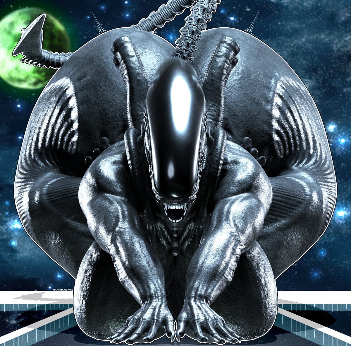 MECHANICALSTAGE's tweet photo. "Oh, shit... there's a Xenomorph on my ship! How on earth did she get here? There's no way she could've slipped aboard unnoticed... right? What's she doing?💕💋🖤👽🍑

Xenomorph (Alien) model made by @nes67911
Improved rig done by @Shairo793 
Body edit done by @MECHANICALSTAGE https://t.co/rf9Fbisjnc