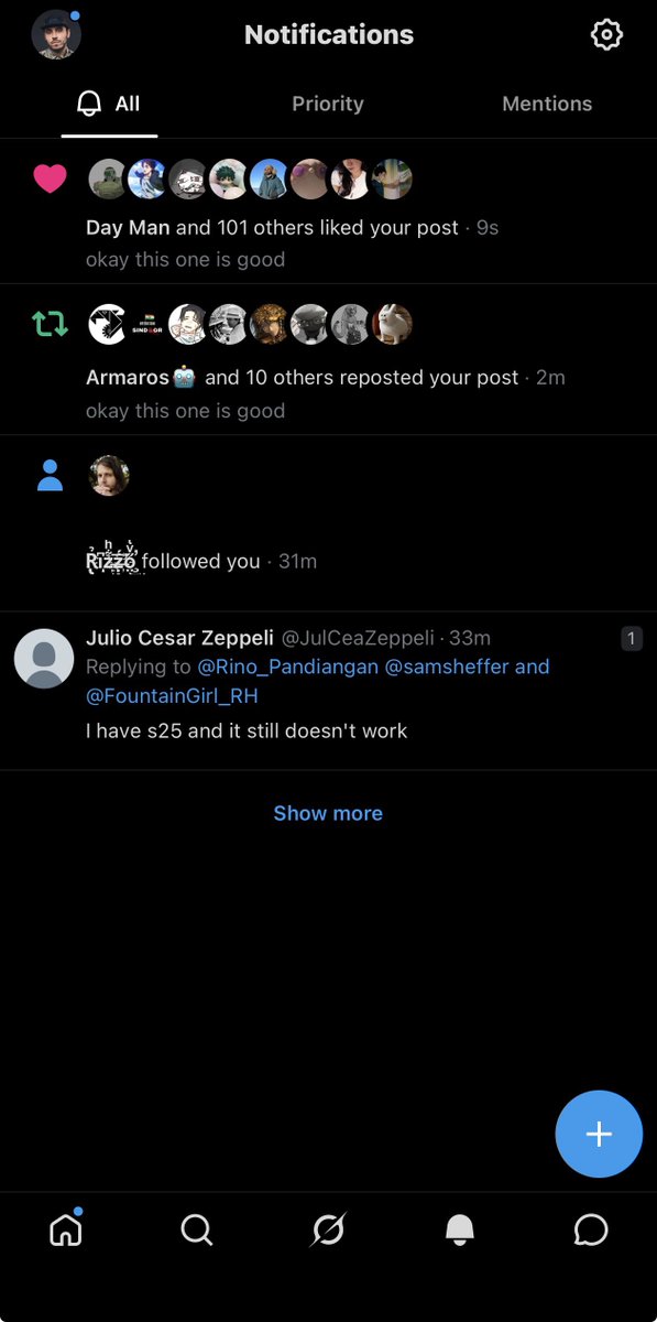 samsheffer's tweet photo. when you have a post with traction, notifications tab breaks 

cc @nikitabier and maybe @dinkin_flickaa 

tapping load more does nothing https://t.co/8C0g5fPENr