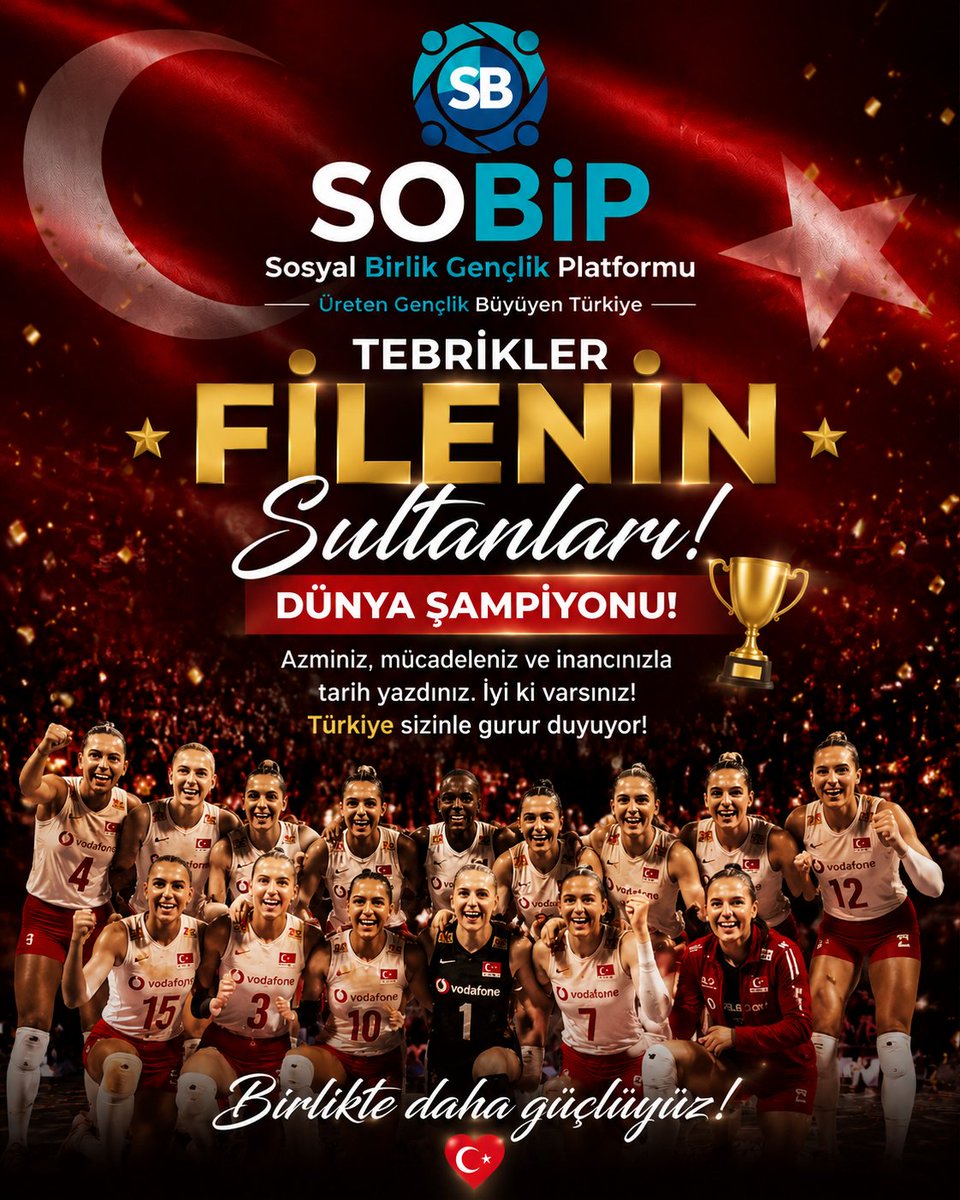 sbgplatformu's tweet photo. Azminiz, mücadeleniz ve inancınızla tarih yazdınız.
İyi ki varsınız! 🇹🇷🏐

Türkiye sizinle gurur duyuyor.
Filenin Sultanları’nı elde ettikleri büyük başarıdan dolayı tebrik ediyor, nice zaferlere imza atmalarını diliyoruz. 🏆🇹🇷

#FileninSultanları #Şampiyon #TürkiyeGururDuyuyor https://t.co/MAvBUo86f6