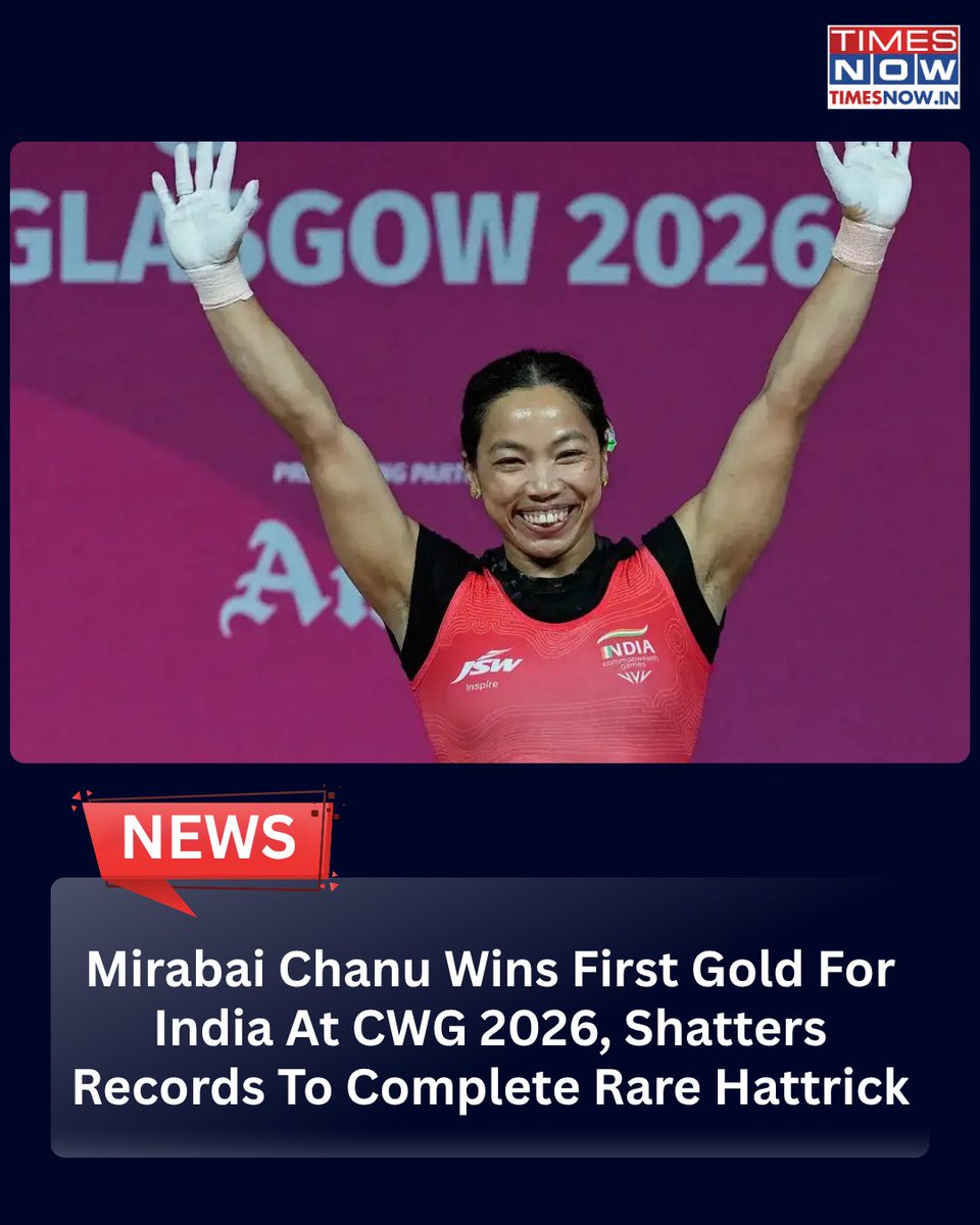 TimesNow's tweet photo. Mirabai Chanu Wins First Gold For India At CWG 2026, Shatters Records To Complete Rare Hattrick

https://t.co/jtLHbelGn1 https://t.co/ArsprPedl5