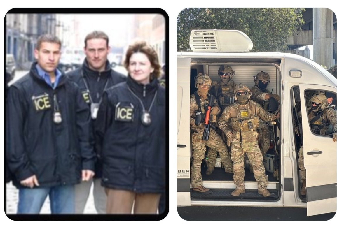 Roshan_Rinaldi's tweet photo. On the left: ICE agents until very recently, wearing windbreakers and IDs clearly shown

On the right: ICE agents under Trump with faces covered, no identification and full fascist militarization,... Including military assault rifles for use on civilians https://t.co/yoxVPY568i
