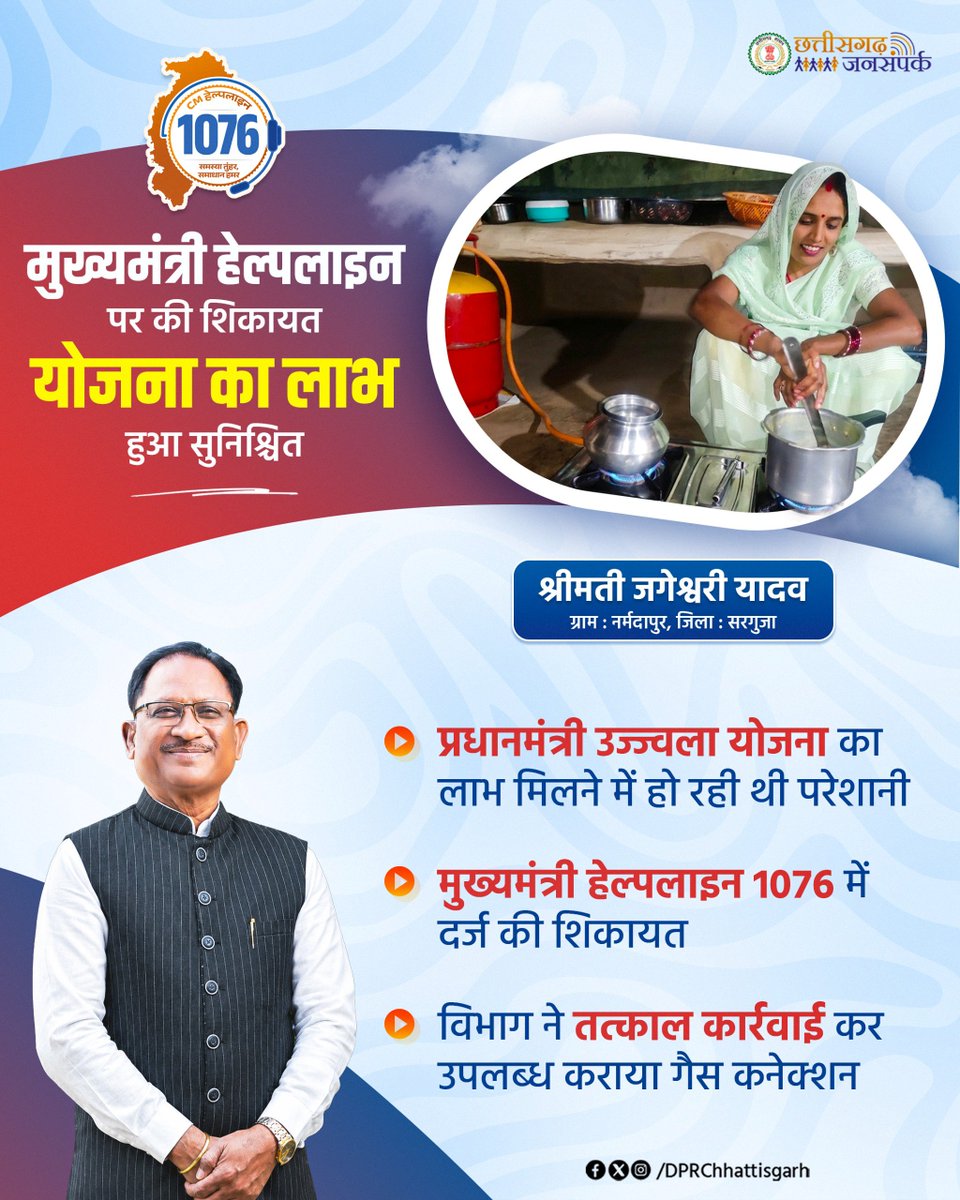 DPRChhattisgarh's tweet photo. मुख्यमंत्री श्री विष्णुदेव साय के नेतृत्व में मुख्यमंत्री हेल्पलाइन 1076 सुशासन की प्रभावी माध्यम बन रही है।

सरगुजा जिले में प्राप्त शिकायत पर प्रशासन ने तत्काल जांच कर पात्र हितग्राही को प्रधानमंत्री उज्ज्वला योजना के तहत गैस कनेक्शन उपलब्ध कराया।

#CMHelpline1076 #SushasanSarkar #PMUjjwalaYojana #GoodGovernance #CitizenFirst

हमारे व्हॉट्सऐप चैनल से जुड़ने के लिए लिंक पर क्लिक करें...
https://t.co/jAAC8LwTel

@vishnudsai @ChhattisgarhCMO @CGgoodgov @SurgujaDist