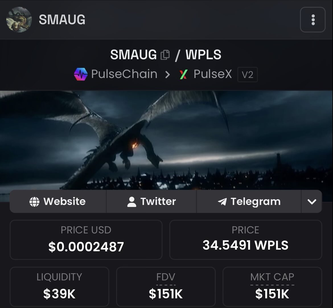 OpusEco's tweet photo. 🐉 Smaug Update — Week 12

📈 Launch price: $0.00001. Today: $0.000249 (24.90x since launch)

🔥 389,940,342 Smaug burned — 38.99% of total supply (+0.01% this week)

💡 If you hold Smaug, you receive up to a 20% boost on your $PLS and $PLSX distributions from the reliable reward tokens Opus and Coda.

https://t.co/P6BmUgLt4q | #PulseChain