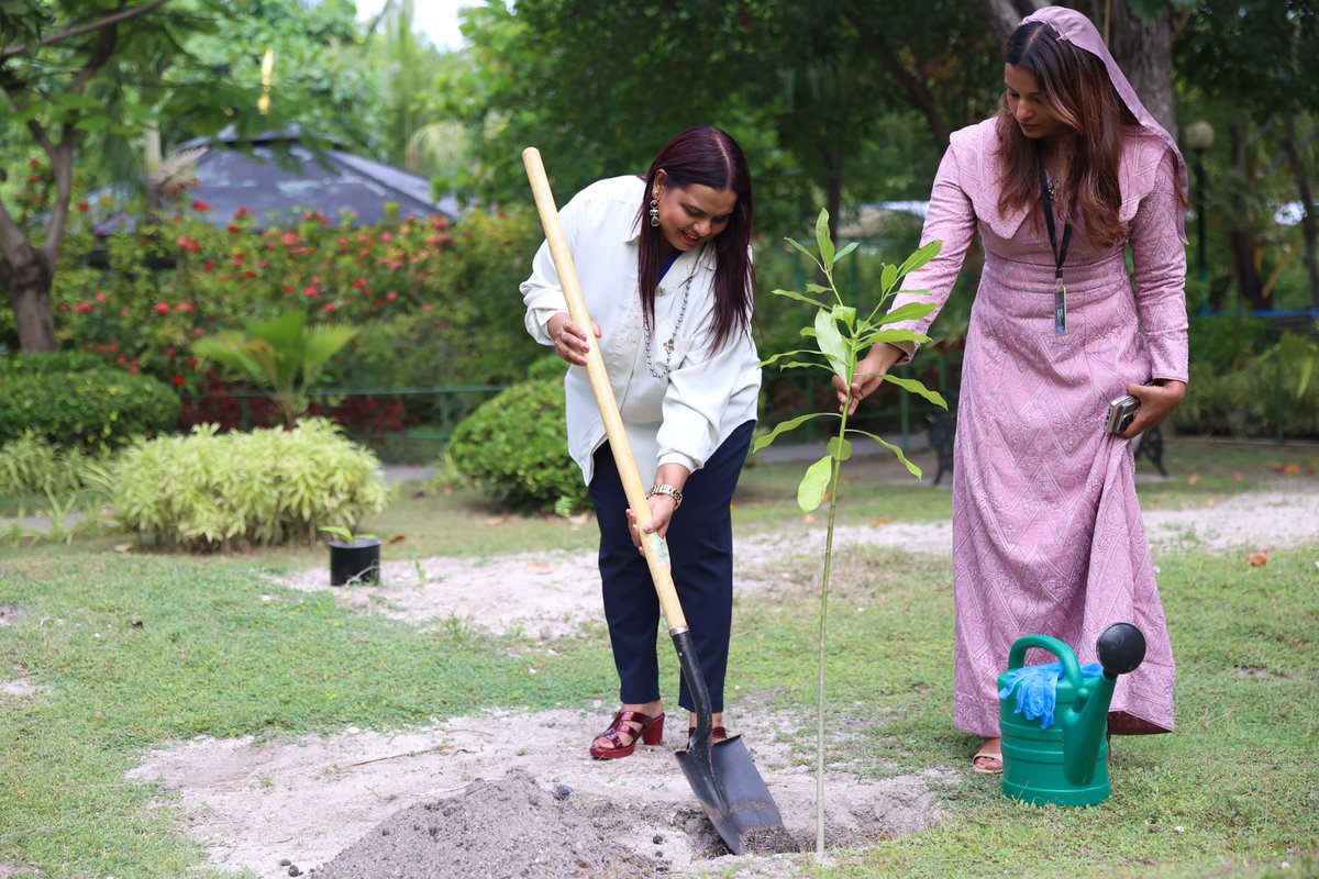 MoFAmv's tweet photo. FM @IruthishamAdam and Foreign Minister of Bangladesh Dr. Khalilur Rahman jointly planted trees this evening contributing to the Five Million Trees Programme inaugurated by His Excellency President Dr.@MMuizzu reflecting shared commitment to a sustainable future. 
@BDMOFA https://t.co/iGtkJShqaw