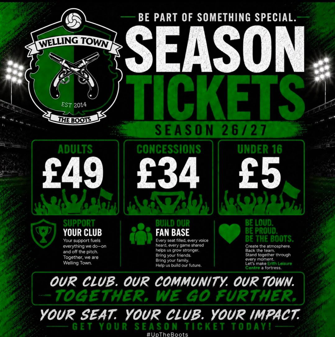 WellingTownFC's tweet photo. SEASON TICKETS - Support your local football club … 

https://t.co/7ueNwBkh4A

💚🖤🥾 https://t.co/ffhOSKANOm