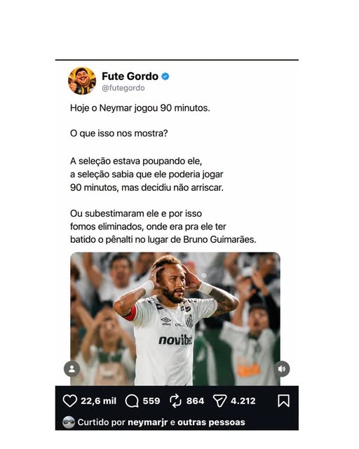 liberta___depre's tweet photo. Neymar curtiu essa postagem da página 'Fute Gordo' no Instagram.

📷Divulgação https://t.co/tcgJhwyP9h