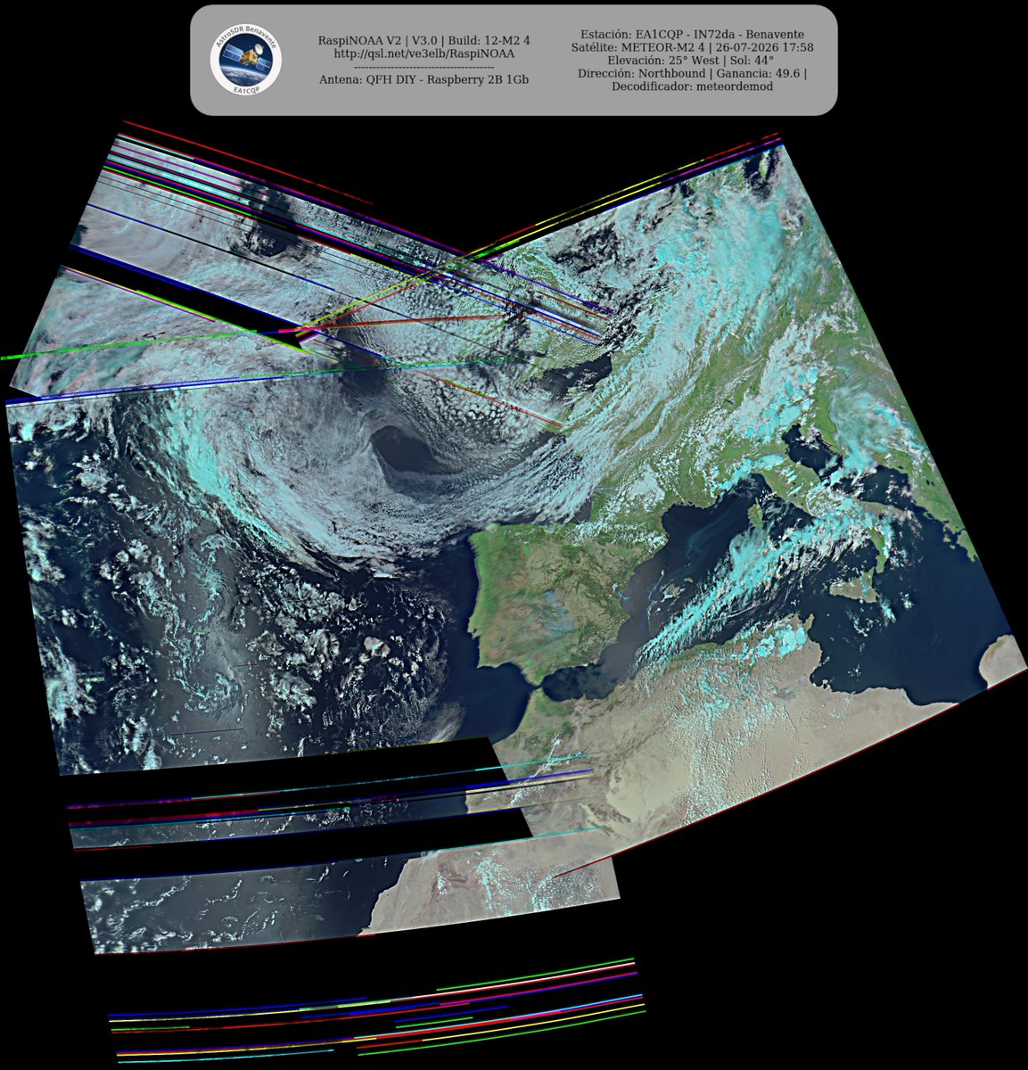 monforra's tweet photo. Ground Station: EA1CQP - IN72da - Benavente METEOR-M2 4 26-07-2026 17:33 CEST Max Elev: 25° W Sun Elevation: 44° Gain: 49.6 | Northbound
#NOAA #MeteorM2_3 #MeteorM2_4 #weather #weathersats #APT #LRPT #wxtoimg #MeteorDemod #rtlsdr #gpredict #raspberrypi https://t.co/2MIvdhH7bM