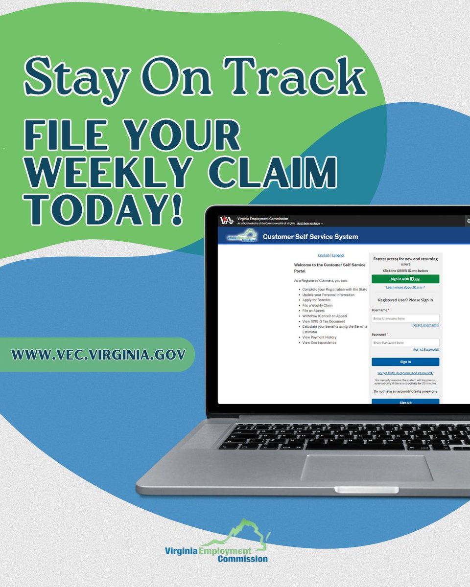 vaemploy's tweet photo. 📢 It's time to file your weekly claim! 
File here: https://t.co/wrEmjDVird. 
💭 Have questions about weekly claims? 
Visit our FAQs page! 👉 https://t.co/jaw3k0syyX https://t.co/jFZ6euJznk