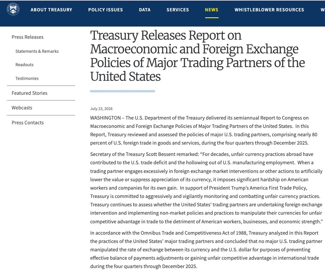 GitaGopinath's tweet photo. This Treasury report is clear-eyed, thoughtful, and sensible. The report concludes that in 2025 no major trading partner of the US, including China, manipulated its exchange rate specifically with the intent of deriving an unfair trade advantage vis-a-vis the US. The problem of trade imbalances has to do with untenable macro-policies and not about currency manipulation. 
https://t.co/nDfgumZ1RA