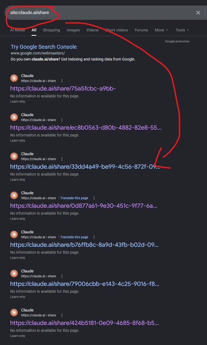 aiedge_'s tweet photo. 🚨JUST IN: Claude has a massive security issue.

People's private conversations have been leaked on Google.

Insane. https://t.co/OPlPnO1OeA