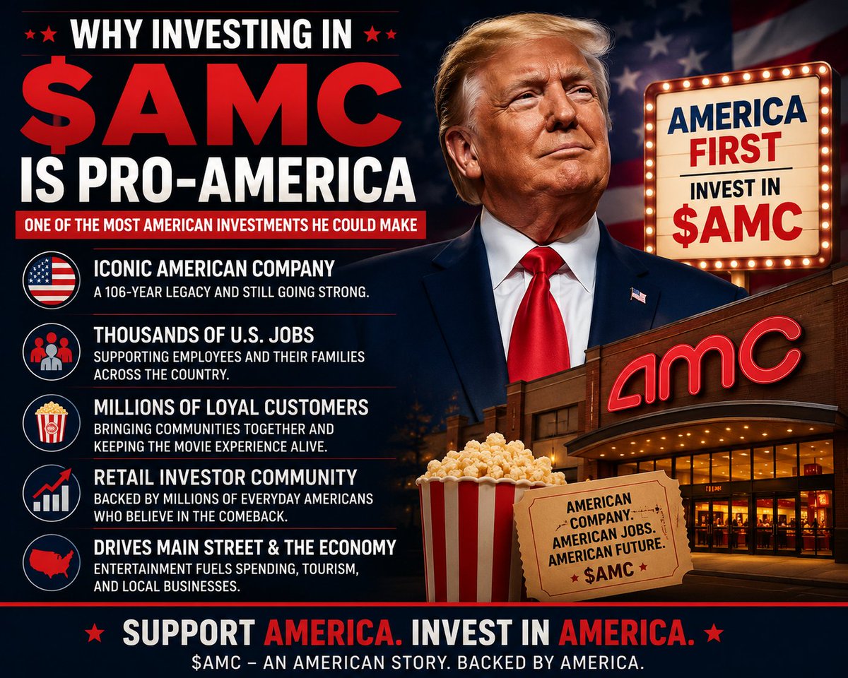 masked_investor's tweet photo. Just a thought.... If President Trump ever invested in $AMC, it would arguably be one of the most pro-American investments he could make.

An iconic American company.
Thousands of U.S. jobs.
Millions of retail investors.
Entertainment, Main Street, and domestic spending.

Whether it happens or not, it's an interesting thought experiment on what "America First" investing could look like.